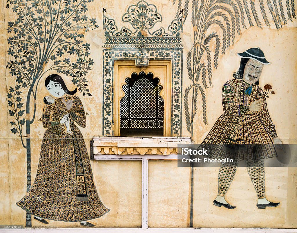 Romantic wall painting in City Palace, Udaipur, India Romantic fresco painted in City Palace, Udaipur, India Palace Stock Photo