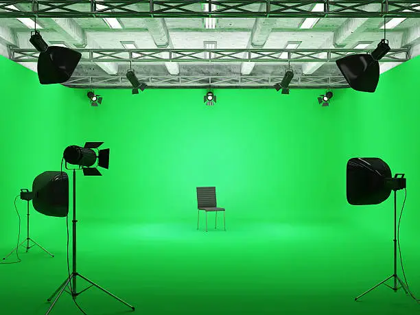 Pavilion Interior of Modern Film Studio with Green Screen and Light Equipment