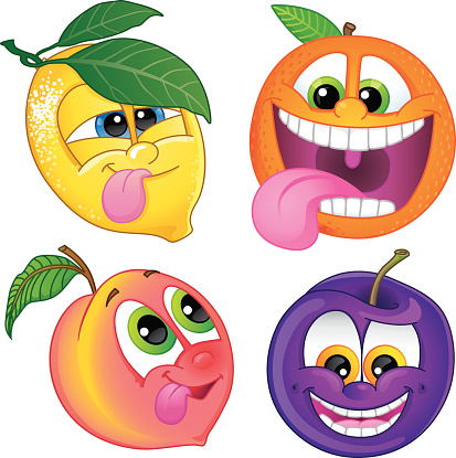 Cute cartoon fruit: Lemon, orange, peach or nectarine and plum. Vector illustration.