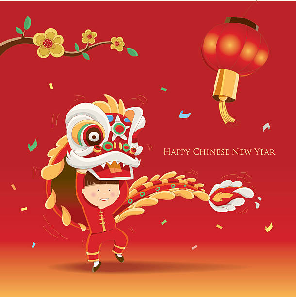 счастливый китайский новый год с лев танцы - happy new year stock illustrations