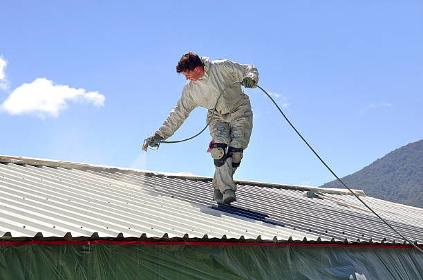 painting the roof A trademan uses an airless spray to paint the roof of a building spraying stock pictures, royalty-free photos & images