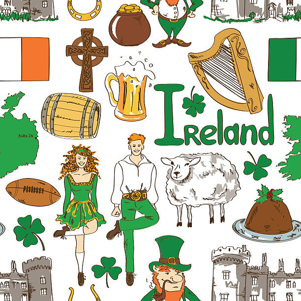 ilustraciones, imágenes clip art, dibujos animados e iconos de stock de símbolos patrón sin costuras de irlanda - horseshoe seamless backgrounds vector