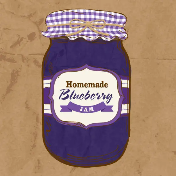 Vector illustration of Homemade Blueberry jam mason jar with checkered top