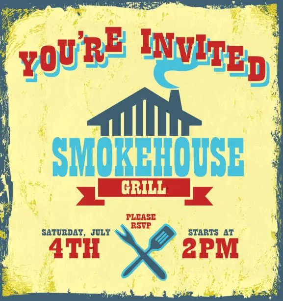 Vector illustration of All-american BBQ themed Invitation design with smokehouse grill