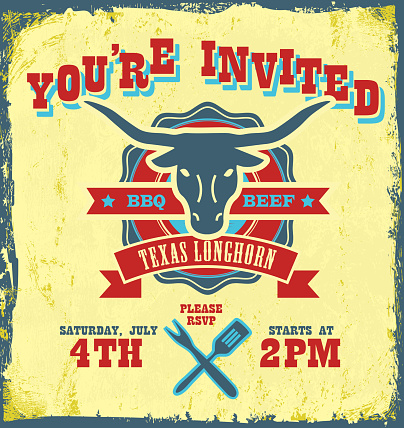 BBQ themed Invitation design on a yellow textured background, See my portfolio for similars.
