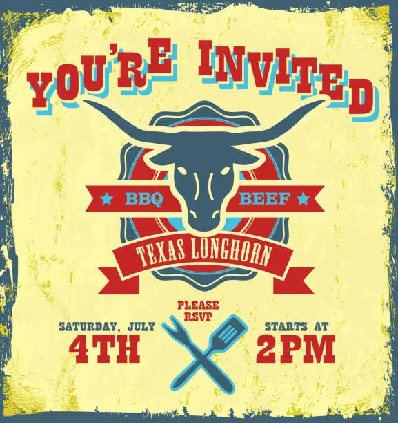 Vector illustration of All-american BBQ themed Invitation design with steer silhouette