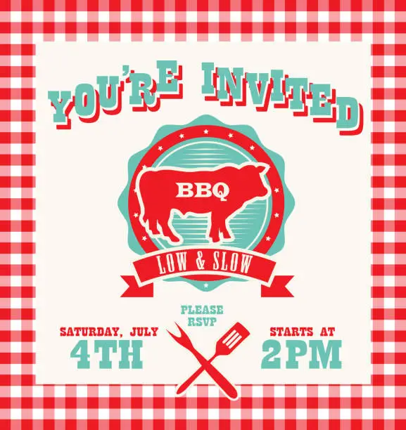 Vector illustration of BBQ barbecue invitation design with red cow silhouette