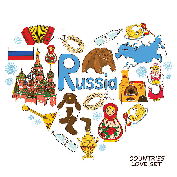 Russian symbols in heart shape concept Colorful sketch collection of Russian symbols. Heart shape concept. Travel background russian nesting doll russia doll moscow russia stock illustrations