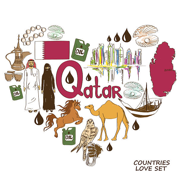 Qatar symbols in heart shape concept Colorful sketch collection of Qatar symbols. Heart shape concept. Travel background dhow stock illustrations