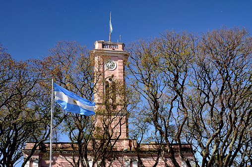 Argentine flag on a background of trees and a building of Mataderos Argentina.