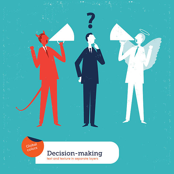 ilustrações de stock, clip art, desenhos animados e ícones de empresário com demónio e angel treinador - white background decisions contemplation choice