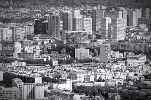 Paris, France - aerial metropolis view with skyscrapers. Black and white tone - retro monochrome style.