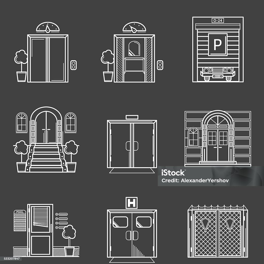 Contour icons vector collection of different types doors White line vector icons set for different doors for buildings on black background. Gate stock vector