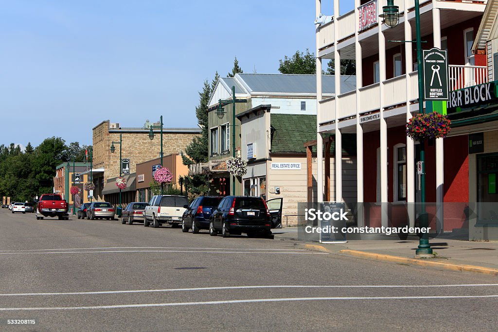 Main Street Small Town Alberta Main Street Small town Alberta Pincher Creek.  Late summer. Old Historic buildings on Main Street. Small Town Stock Photo