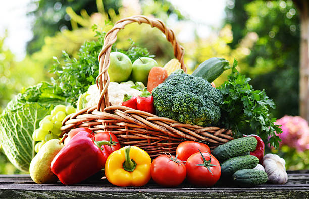 istock Wicker basket with assorted raw organic vegetables in the garden 533209791