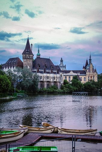 Budapest, Hungary - May 25, 2012: Vajdahunyad Castle is a castle in the City Park of Budapest, Hungary. It was built between 1896 and 1908 as part of the Millennial Exhibition which celebrated the 1000 years of Hungary since the Hungarian Conquest of the Carpathian Basin in 895.