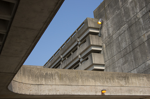 The Quincy Adams MBTA station in Quincy Ma, is 6 level of parking garage built in the Brutalist style of architecture.