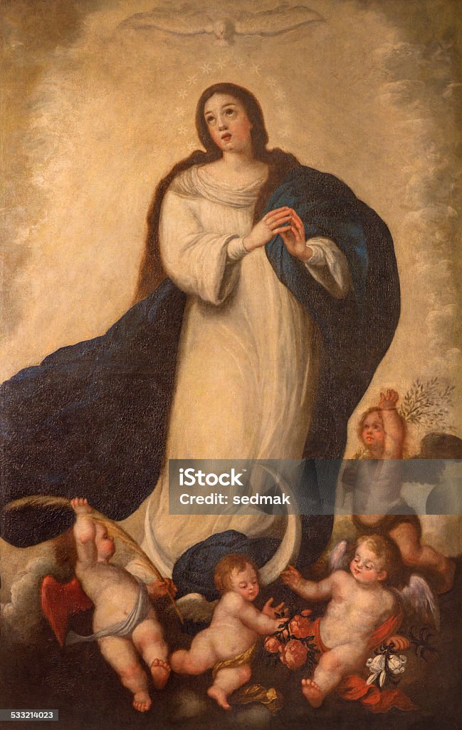 Seville - The Immaculate conception paint Seville - The Immaculate conception paint by unknown painter of school in Seville form 18. cent. in baroque Church of El Salvador (Iglesia del Salvador). Virgin Mary stock illustration