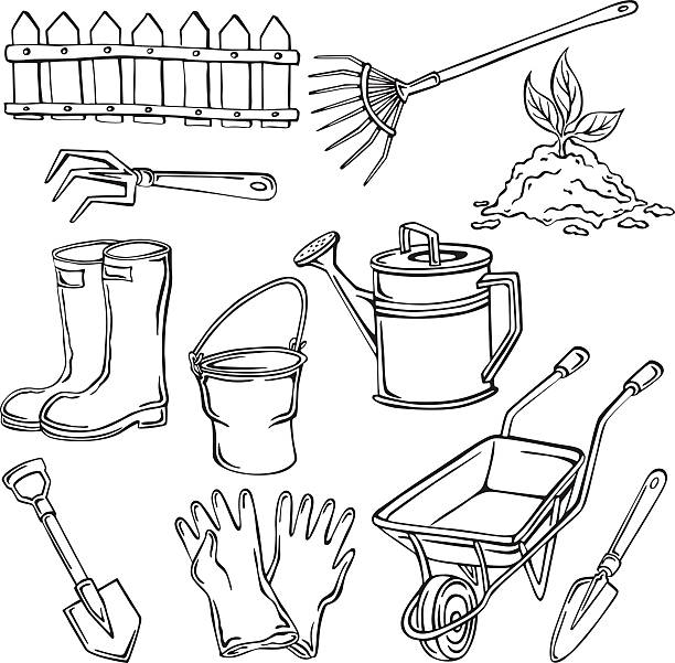 ilustrações, clipart, desenhos animados e ícones de ilustração em vetor elementos do jardim - watering can shovel rake silhouette