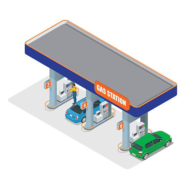 Gas station Gas station 3d isometric flat vector illustration. Gas station concept. Fuel pump, car, shop, oil station, gasoline. Refilling cleaning shopping service symbol fuel and power generation fossil fuel fuel pump stock illustrations