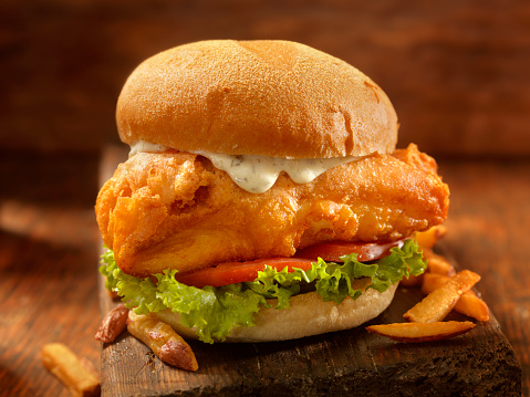 Beer Battered Fish Burger with Fries  - Photographed on Hasselblad H3D2-39mb Camera
