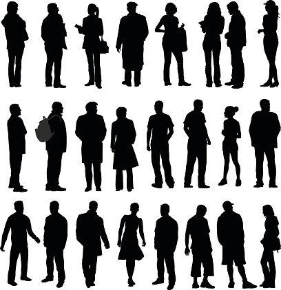 A vector silhouette illustration of three lines of people including young adults, mature adults, seniros, men, and women.