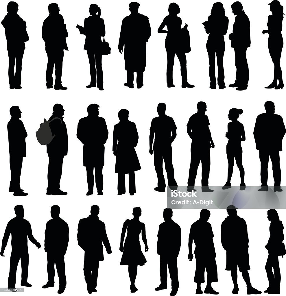 Silhouette Collection Of Various Adults A vector silhouette illustration of three lines of people including young adults, mature adults, seniros, men, and women. In Silhouette stock vector