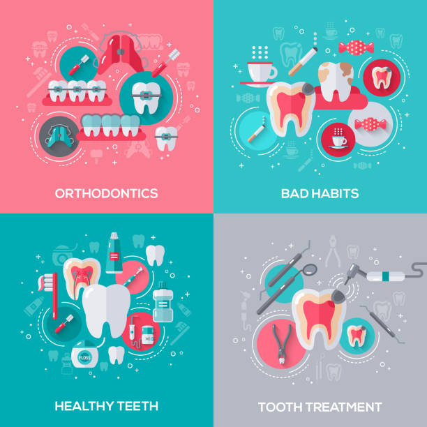 ilustraciones, imágenes clip art, dibujos animados e iconos de stock de tratamiento odontológico conjunto de pancartas con iconos plana. - dental issues