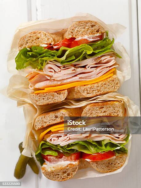 Deli Style Turkey Bagel Sandwich Stock Photo - Download Image Now - Sandwich, High Angle View, Delicatessen