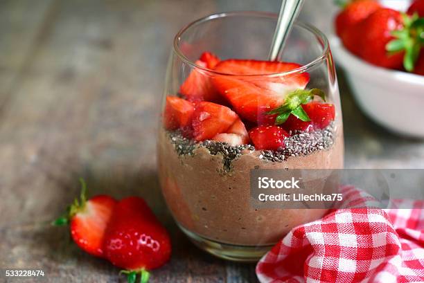 Chocolate Chia Seed Pudding With Strawberry Stock Photo - Download Image Now - Chia seed, Mousse - Dessert, Chocolate