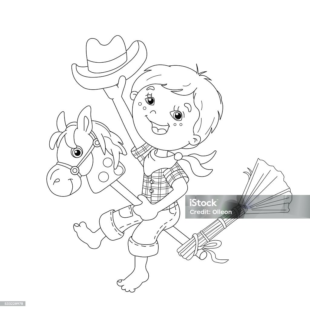 Coloring Page Outline Of Boy playing cowboy with toy horse Coloring Page Outline Of cartoon Boy playing cowboy with toy horse. Coloring book for kids Activity stock vector