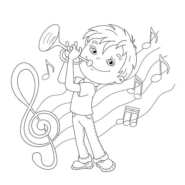 Vector illustration of Coloring Page Outline Of cartoon Boy playing the trumpet