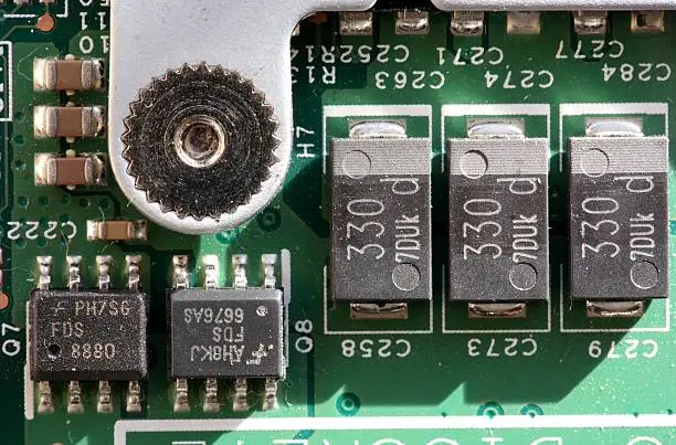 close-up inside computer electrical circuits