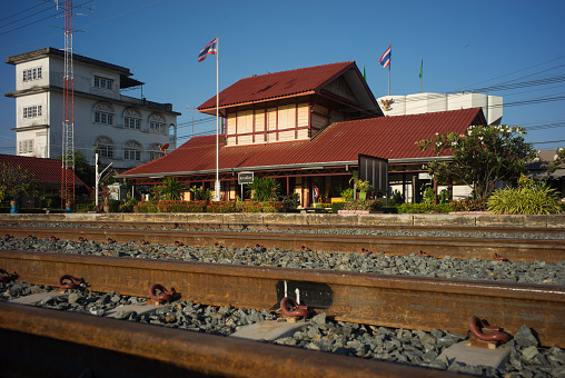 Railway Station in traditional tropical region style, Sukhothai province, Northern Thailand