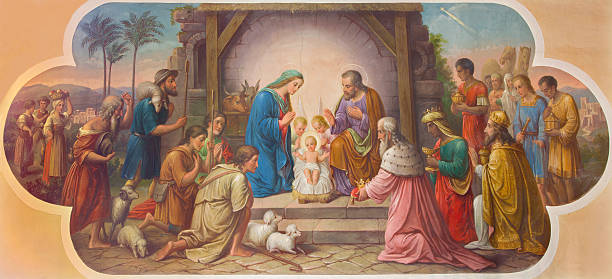 Vienna - Fresco of Nativity scene in Erloserkirche church. Vienna - Fresco of Nativity scene by Josef Kastner the older from end of 19. cent. in Erloserkirche church. crib photos stock pictures, royalty-free photos & images