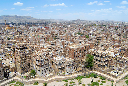 Sanaa, Yemen - September 09, 2006: Aerial view of the Sanaa city on September 09, 2006 in Sanaa, Yemen. The old city of Sanaa is declared a UNESCO World heritage site.