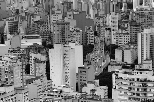 Aerial view of São Paulo. Elevado Costa e Silva (Minhocão) can be seen on foreground. Scanned from a Fuji Acros 100 35mm film.
