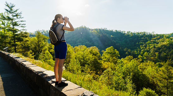 Teenager girl with binocular explore scenic view to Great Smoky Mountains and Cherokee National Forest from the Turkey Creek Overlook at Cherohala Skyway, Tennessee, North America, USA. Elevation 2630Ft.