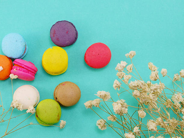 istock french macaroons with dryied flower and copy space background 533236384