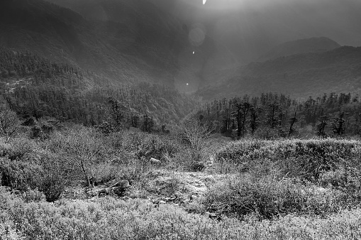 Beautiful black and white chilly winter sunrise at Lunhgthang, Sikkim, West Bengal, India