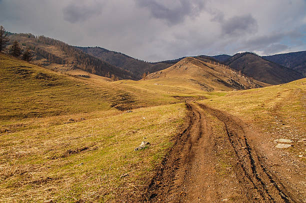 istock Road in mountains at cloudy rainy sky background in autumn 533240964
