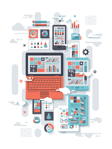 A concept illustration with flat design-styled vectors themed on cloud analytics. EPS 10 file, layered & grouped, 