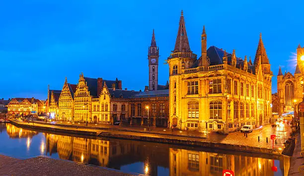 Photo of Quay Graslei in Ghent town at evening, Belgium