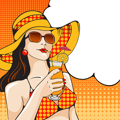 Young woman in swimsuit holding tropical cocktail on the beach. Pop Art girl. Vector illustration in retro style pop art.