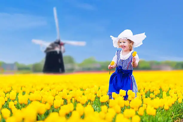 Photo of Beautiful dutch girl in tulip field in Holland