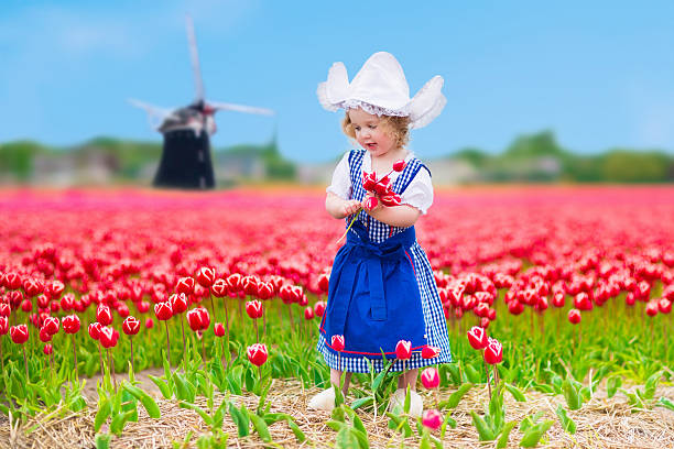 olandese bella ragazza in campo di tulipano in olanda - hat toddler little girls pink foto e immagini stock