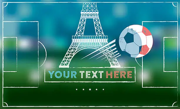 Vector illustration of blurred soccer field with Eiffel Tower and soccer ball