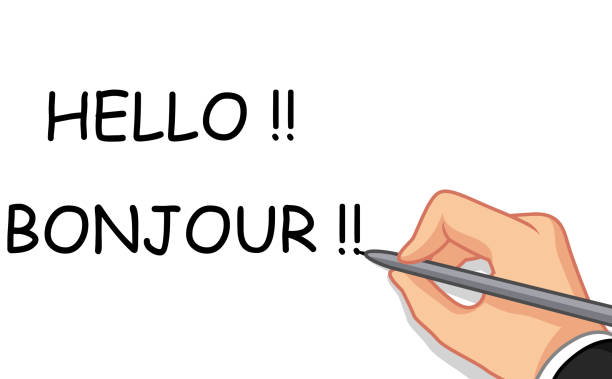 strony pisania powitanie i bonjour - hello angielskie słowo stock illustrations