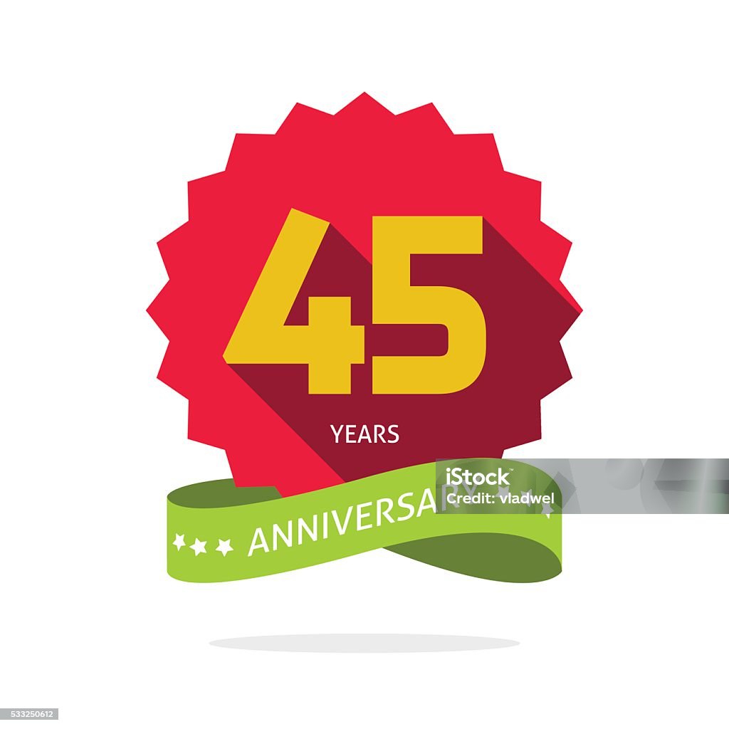 Years 45 anniversary vector label logo badge Years 45 anniversary vector label logo, shadow on star, number 45 four five, 45th years anniversary icon. Forty five birthday party symbol. Forty fifth promotion sale sticker ribbon, poster, emblem 45-49 Years stock vector