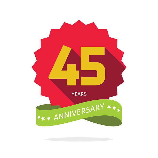 Years 45 anniversary vector label logo badge Years 45 anniversary vector label logo, shadow on star, number 45 four five, 45th years anniversary icon. Forty five birthday party symbol. Forty fifth promotion sale sticker ribbon, poster, emblem 40 49 years stock illustrations